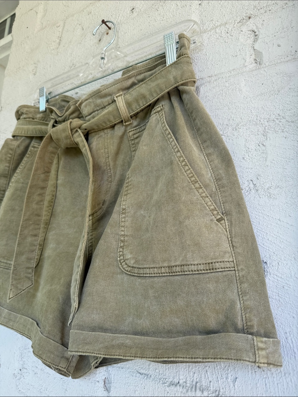 LOFT Olive Denim Paperbag Waist Belted Mom Shorts Size Medium - Picture 5 of 10